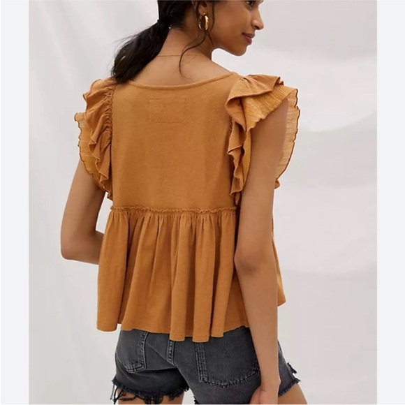 Anthropologie Ruffled Sleeve Tan Babydoll Blouse size medium - Picture 3 of 5